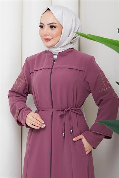Bağcıklı Kolu Nakışlı Ferace Gül Kurusu HM2854