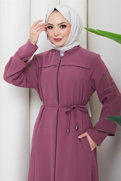 Bağcıklı Kolu Nakışlı Ferace Gül Kurusu HM2854