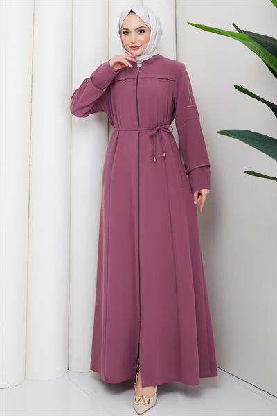 Bağcıklı Kolu Nakışlı Ferace Gül Kurusu HM2854