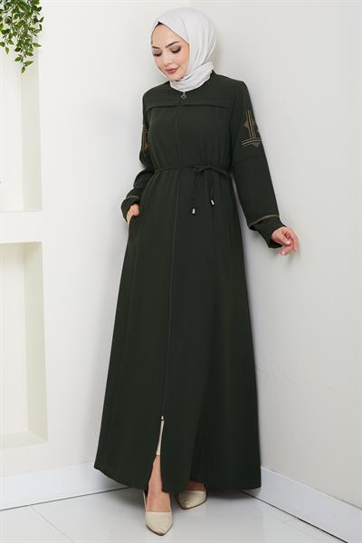 Bağcıklı Kolu Nakışlı Ferace Haki HM2854