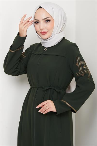 Bağcıklı Kolu Nakışlı Ferace Haki HM2854