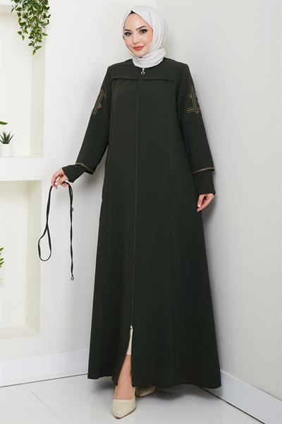 Bağcıklı Kolu Nakışlı Ferace Haki HM2854