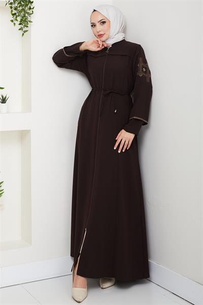 Bağcıklı Kolu Nakışlı Ferace Kahverengi HM2854