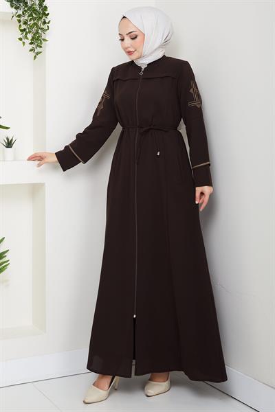 Bağcıklı Kolu Nakışlı Ferace Kahverengi HM2854
