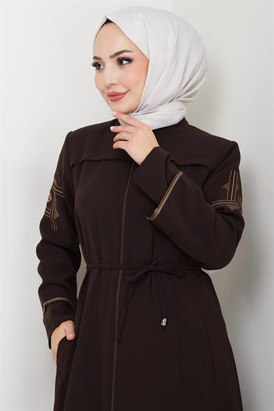 Bağcıklı Kolu Nakışlı Ferace Kahverengi HM2854