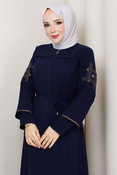 Bağcıklı Kolu Nakışlı Ferace Lacivert HM2854