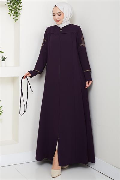 Bağcıklı Kolu Nakışlı Ferace Mürdüm HM2854