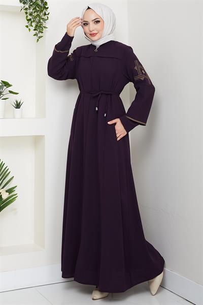 Bağcıklı Kolu Nakışlı Ferace Mürdüm HM2854