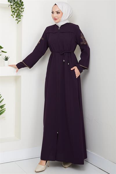 Bağcıklı Kolu Nakışlı Ferace Mürdüm HM2854