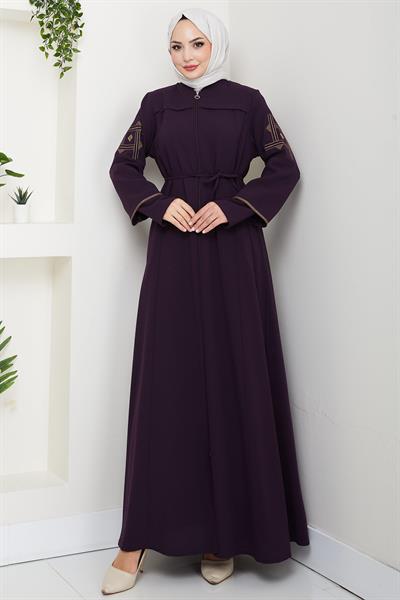 Bağcıklı Kolu Nakışlı Ferace Mürdüm HM2854