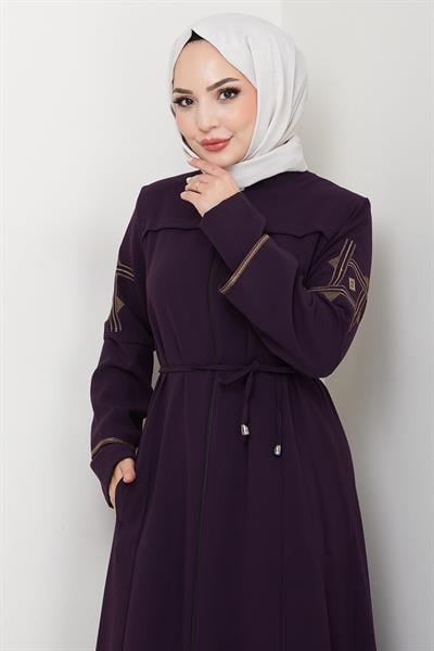 Bağcıklı Kolu Nakışlı Ferace Mürdüm HM2854
