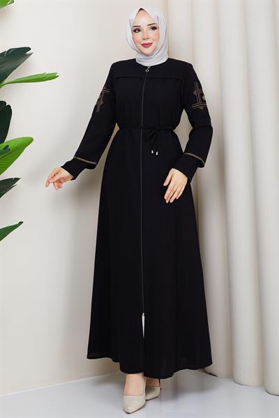 Bağcıklı Kolu Nakışlı Ferace Siyah HM2854