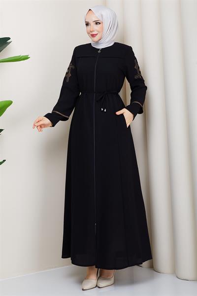 Bağcıklı Kolu Nakışlı Ferace Siyah HM2854