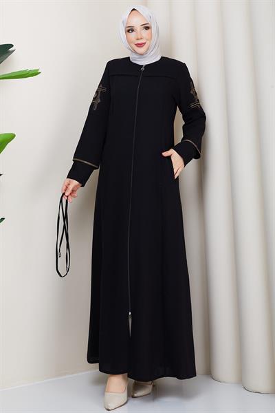 Bağcıklı Kolu Nakışlı Ferace Siyah HM2854