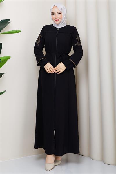 Bağcıklı Kolu Nakışlı Ferace Siyah HM2854