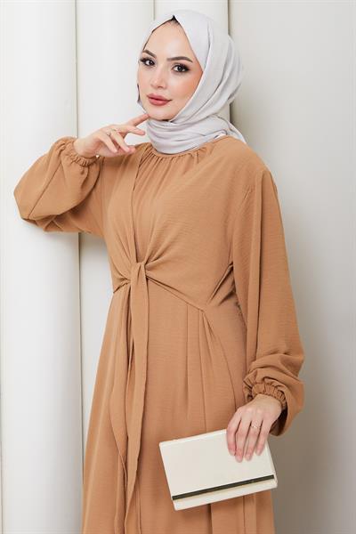 Bağlama Detaylı Ayrobin Elbise Camel HM2873