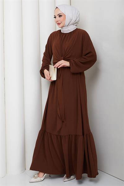 Bağlama Detaylı Ayrobin Elbise Kahverengi HM2873
