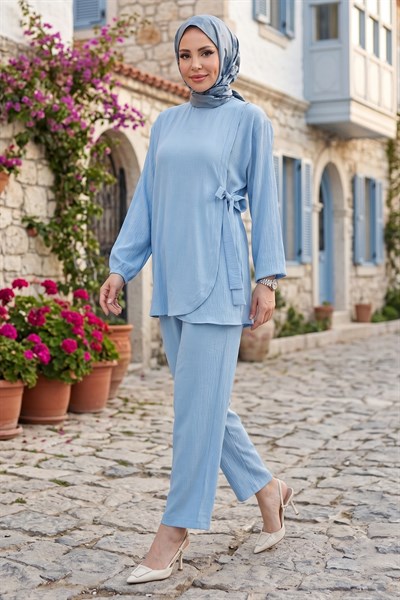 Bağlama Detaylı İkili Takım Bebe Mavisi HM2940