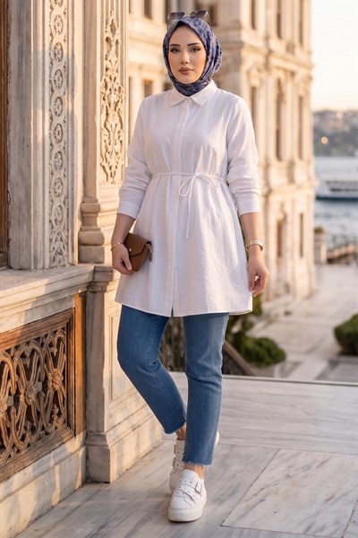 Bağlamalı Cepli Tunik Beyaz HM2911