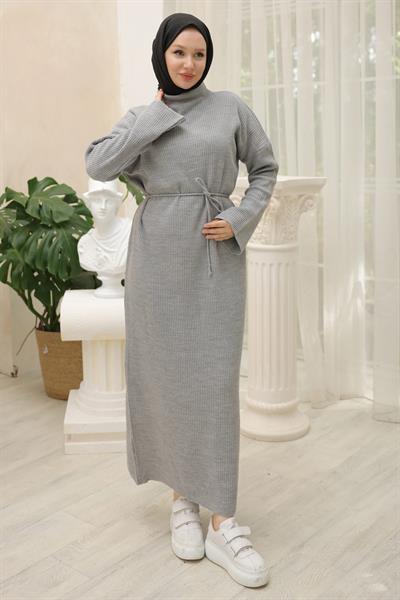 Bağlamalı İspanyol Kol Triko Elbise Gri HM2530