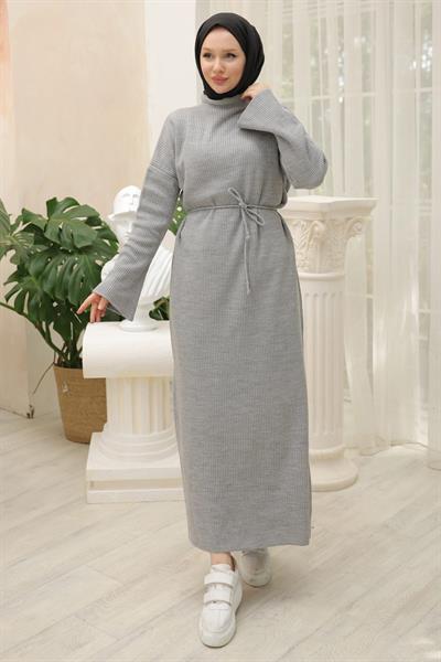 Bağlamalı İspanyol Kol Triko Elbise Gri HM2530