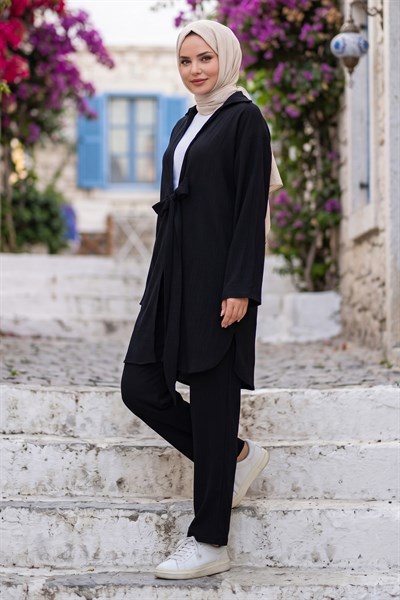 Bağlamalı Kimonolu İkili Takım Siyah HM2938