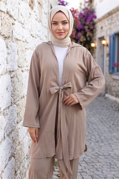 Bağlamalı Kimonolu İkili Takım Vizon HM2938