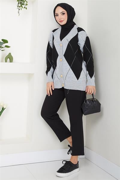 Baklava Desenli Triko Hırka Siyah HM2609