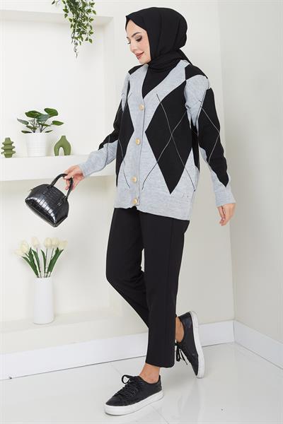 Baklava Desenli Triko Hırka Siyah HM2609