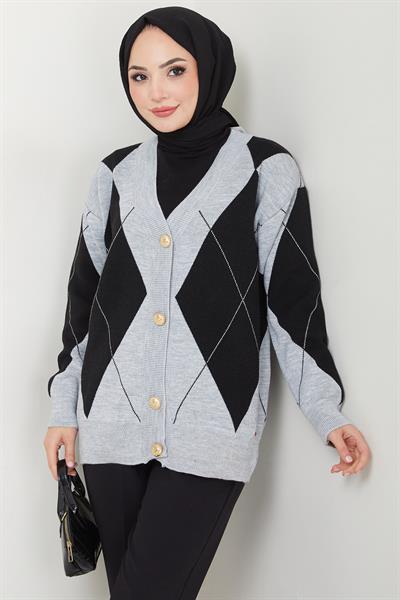 Baklava Desenli Triko Hırka Siyah HM2609