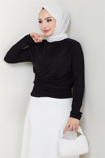 Balıkçı Yaka Büzgü Detaylı Body Siyah HM2694
