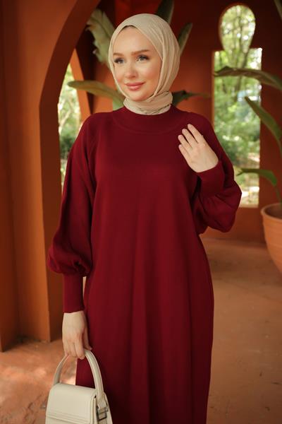 Balon Kol Triko Elbise Bordo HM2522