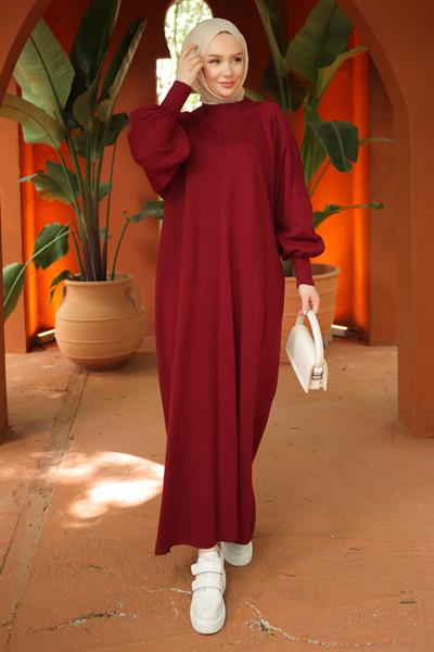 Balon Kol Triko Elbise Bordo HM2522
