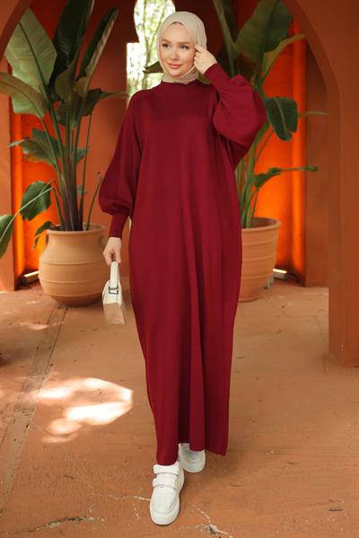 Balon Kol Triko Elbise Bordo HM2522