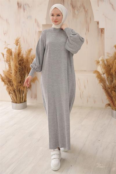 Balon Kol Triko Elbise Gri HM2522