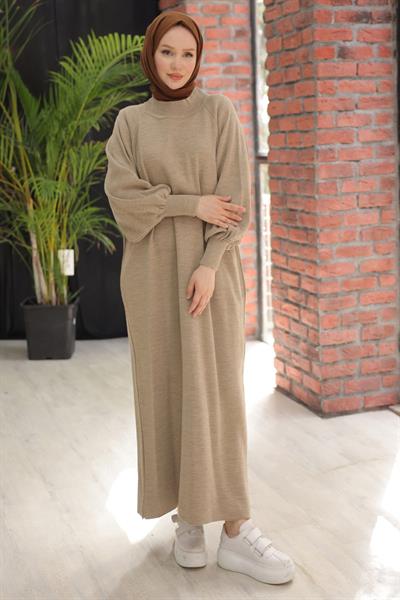 Balon Kol Triko Elbise Taş Rengi HM2522