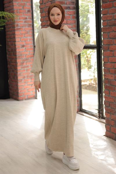Balon Kol Triko Elbise Taş Rengi HM2522