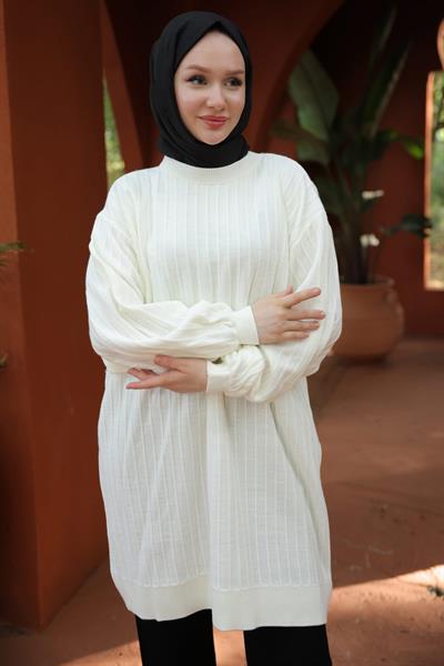 Balon Kol Triko Tunik Krem HM2519