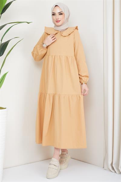 Bebe Yaka Tesettür Elbise Camel