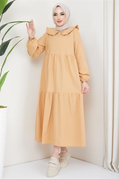 Bebe Yaka Tesettür Elbise Camel