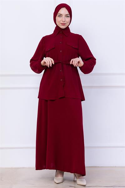 Beli Bağlamalı Etekli Ayrobin Takım Bordo HM2734