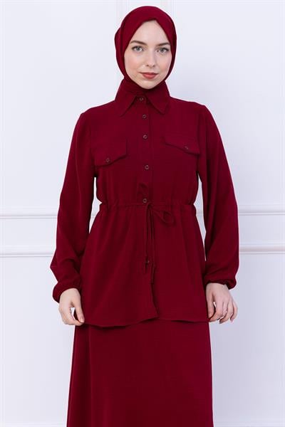 Beli Bağlamalı Etekli Ayrobin Takım Bordo HM2734
