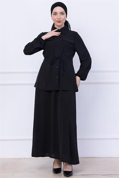 Beli Bağlamalı Etekli Ayrobin Takım Siyah HM2734