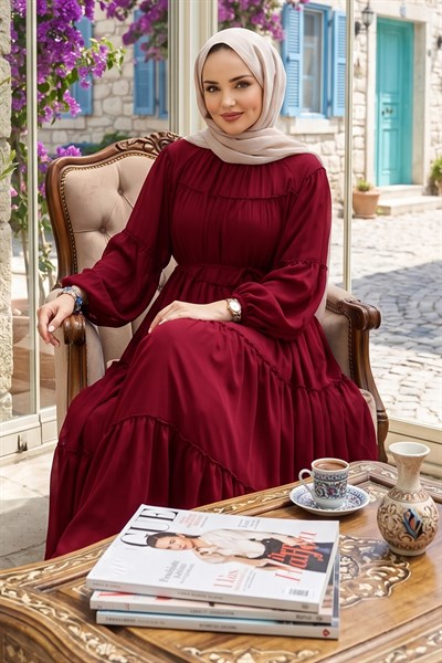 Beli Bağlamalı Fırfır Detaylı Astarlı Şifon Elbise Kırmızı HM2942