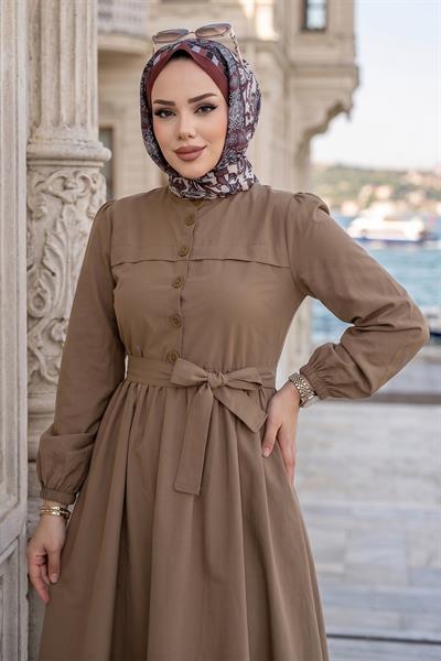 Beli Kuşaklı Terikoton Elbise Camel HM2908