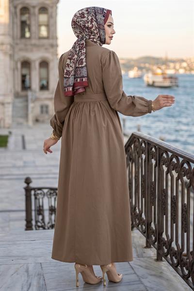 Beli Kuşaklı Terikoton Elbise Camel HM2908
