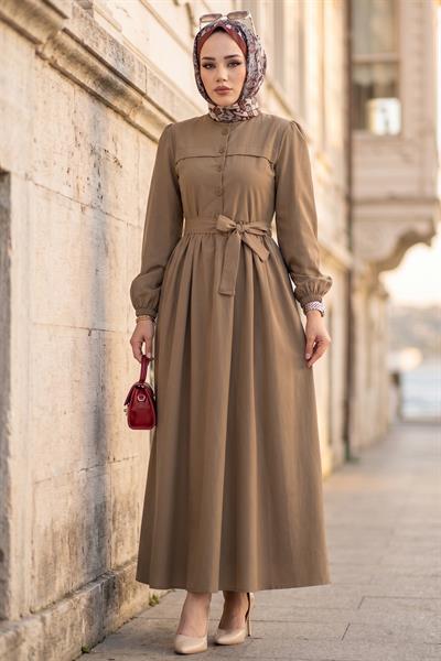 Beli Kuşaklı Terikoton Elbise Camel HM2908