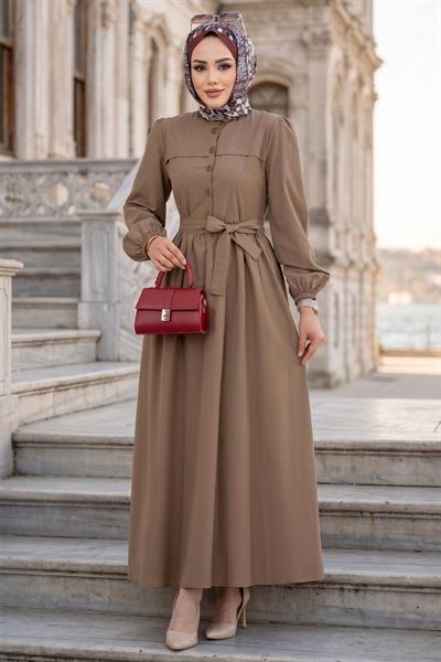 Beli Kuşaklı Terikoton Elbise Camel HM2908