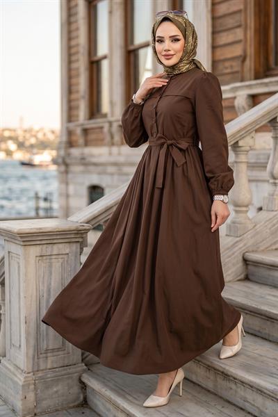 Beli Kuşaklı Terikoton Elbise Kahverengi HM2908