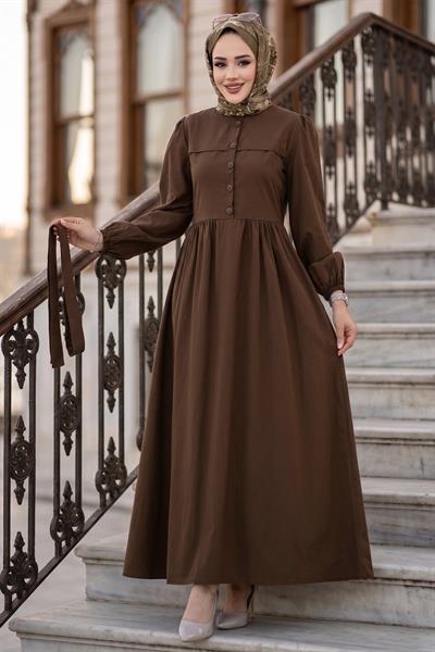 Beli Kuşaklı Terikoton Elbise Kahverengi HM2908